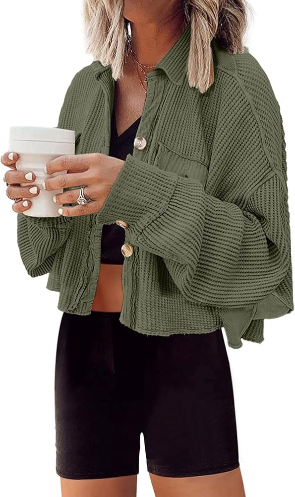Panadila Women's Cropped Waffle Knit Shacket Short Button Down Jacket Batwing Sleeve Shirts with ... | Amazon (US)