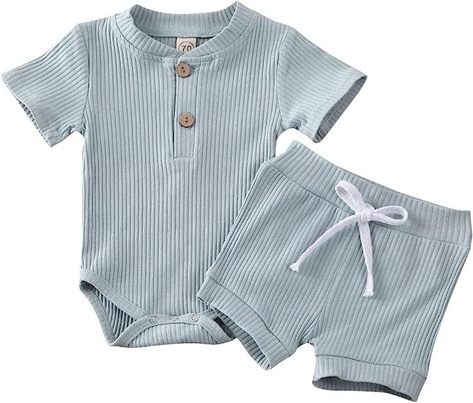 Newborn Baby Boys Girls Summer Outfits Infant Ribbed Knitted Cotton Short Sleeve T-Shirt + Shorts... | Amazon (US)