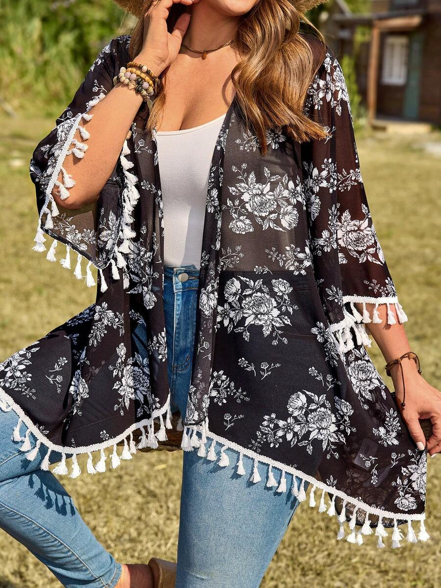 EMERY ROSE Plus Size Floral Print Sheer Kimono Cardigan Boho Black And White Floral Kimono With T... | SHEIN