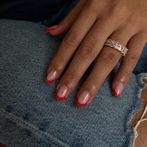 30Pcs Red French Tip Press on Nails Short Square Nails Press ons, Short Fake Nails Coffin Acrylic French Glue on Nail False Nail for Women Natural15 Sizes | Amazon (US)