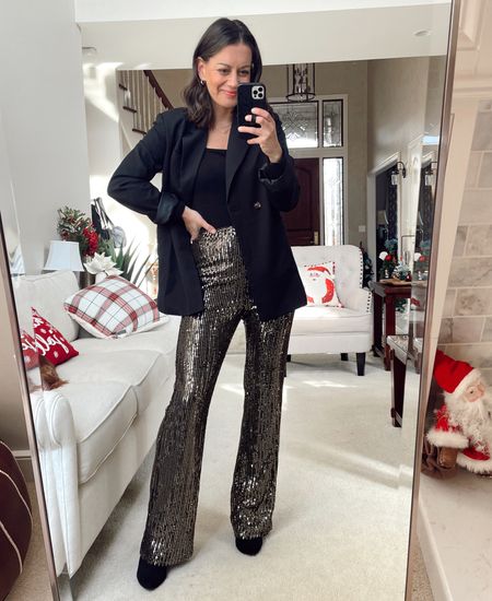 New years outfit - amazon sequin pants (true to size wearing a small), amazon bodysuit (true to size wearing a small), amazon blazer (true to size wearing a small) 

#LTKHoliday #LTKSeasonal #LTKunder50