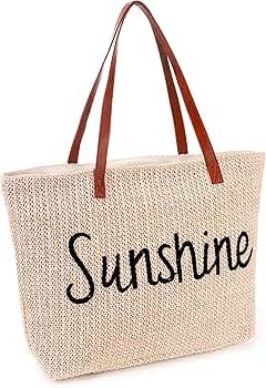 Genovega Stripe and Stitchwork Straw Tote Beach Bag with Zipper, Perfect for Beach Travel Shoppin... | Amazon (US)