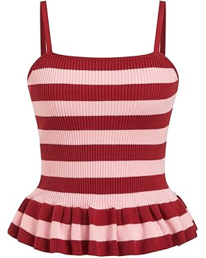 CIDER Striped Crop Tank Tops for Women Sleeveless Square Neck Ruffle Knit Peplum Tops Summer Vaca... | Amazon (US)