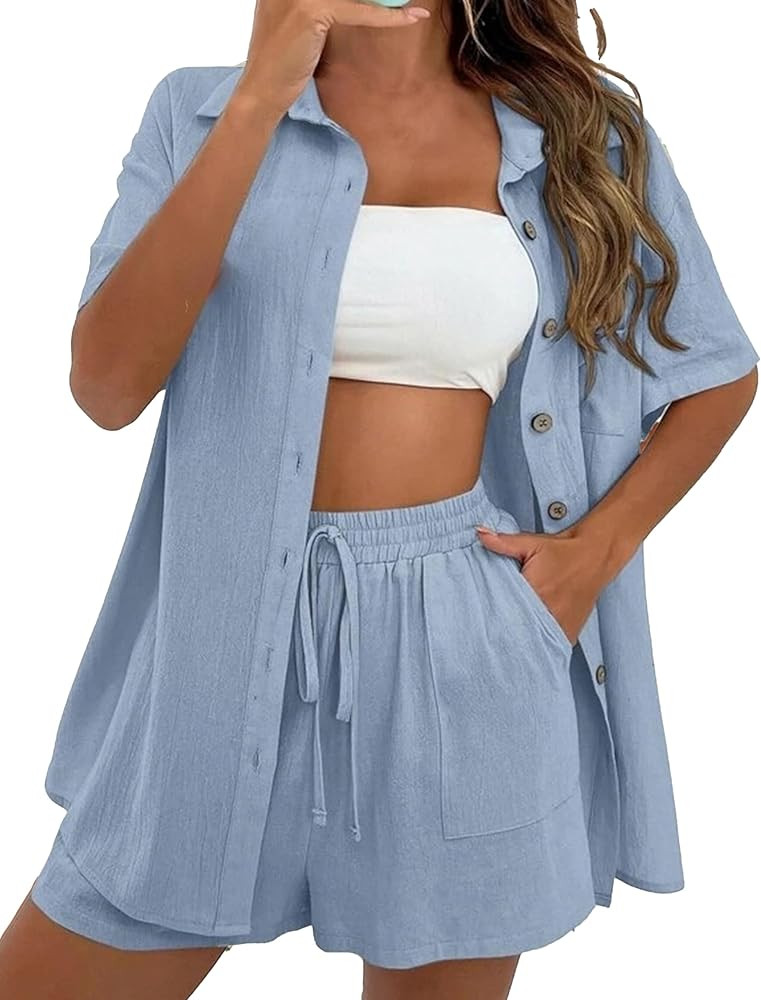 QIBABU Women's Linen Shorts Sets 2 Piece Summer Short Sleeve Top and Shorts Sweatsuit Set Vacatio... | Amazon (US)