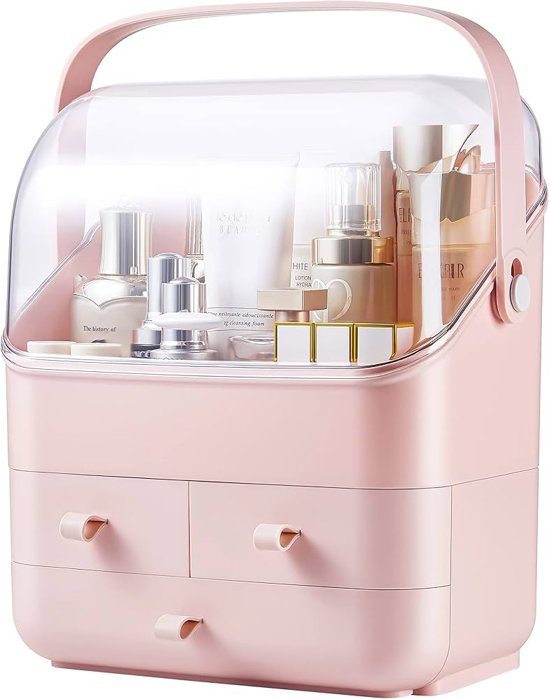 SUNFICON Pink Makeup Organizer Holder Cosmetic Storage Box with Dust Free Cover Portable Handle,F... | Amazon (US)