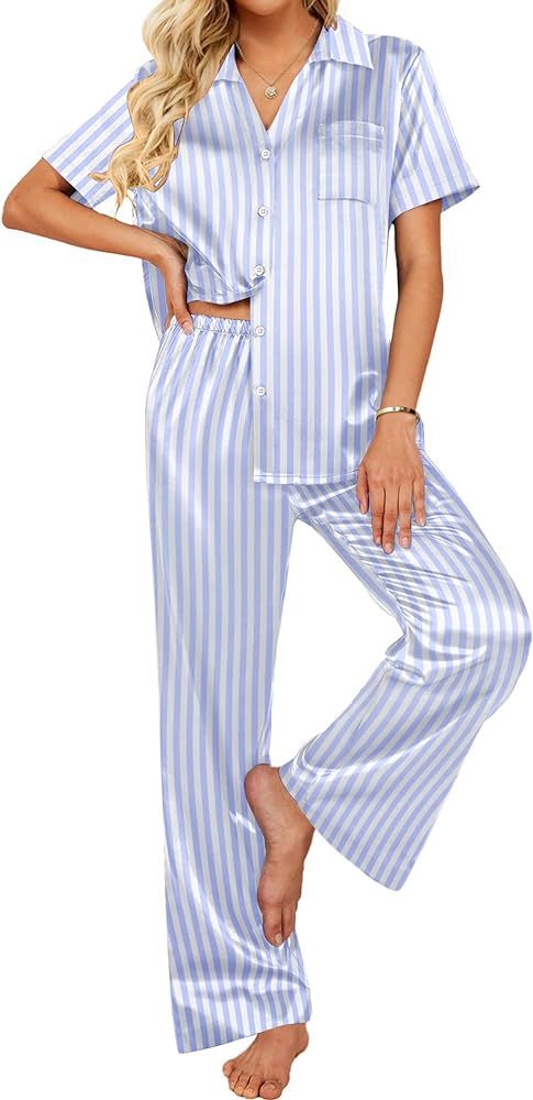 Ekouaer Silk Pajamas Womens Satin Button Down Shirts Pjs Wide Leg Long Pants Sleepwear 2 Piece Lo... | Amazon (US)