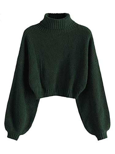 ZAFUL Women's Cropped Turtleneck Sweater Lantern Sleeve Ribbed Knit Pullover Sweater Jumper (2-Green, Large) | Amazon (US)