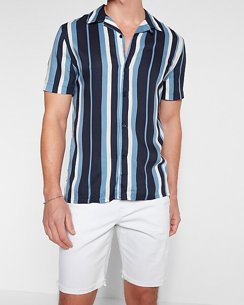 Striped Rayon Short Sleeve Shirt | Express