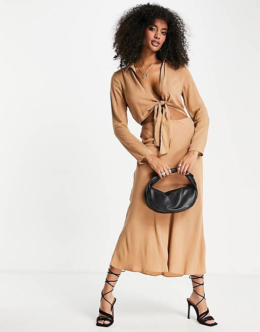 ASOS DESIGN cut out midi shirt dress with knot front detail in beige | ASOS (Global)