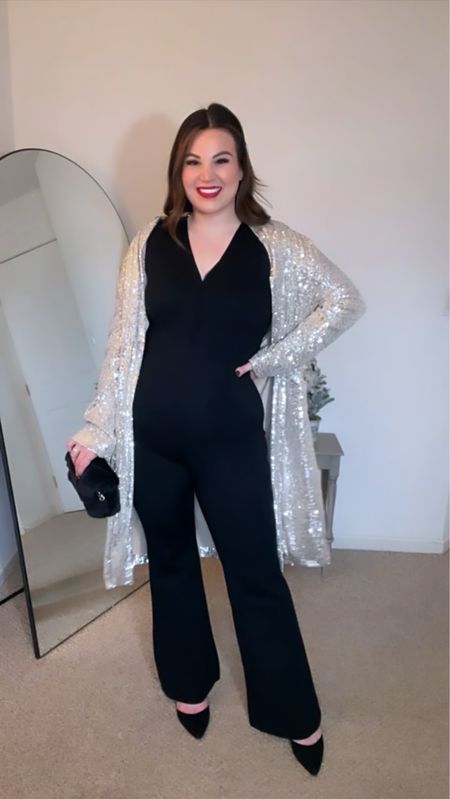 Midsize Holiday Outfit 
Jumpsuit - size L Tall *20% off 
Sequin Duster from Steve Madden *found at Nordstrom Rack *linked similar options - Size M
Heels - size 10 
Lipstick in the shade Dashing

#holidayoutfit #holidaylook #holidaystyle #jumpsuit #holiday 

#LTKHoliday #LTKcurves #LTKCyberweek