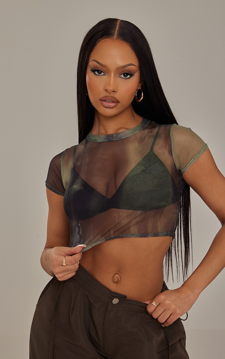 Khaki Print Mesh Crop Top | PrettyLittleThing UK