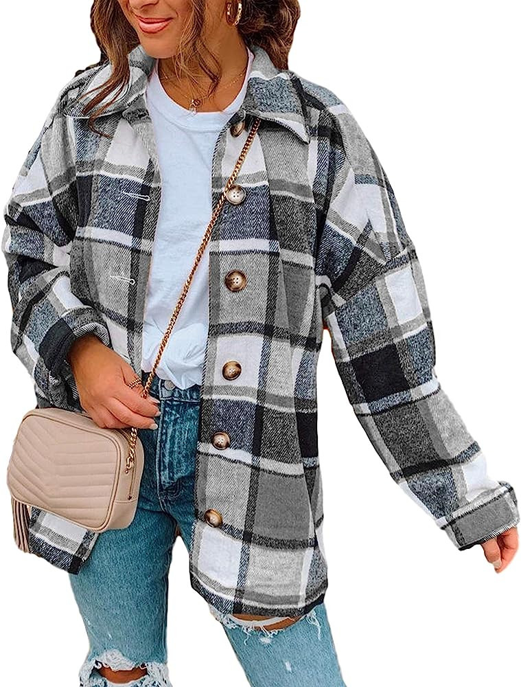 Yeokou Women's Fall Color Block Plaid Flannel Shacket Jacket Button Down Shirt Coat Tops | Amazon (US)