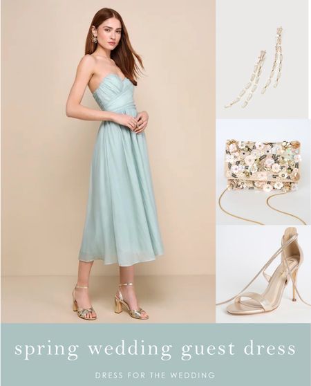 Strapless jade green midi dress for a wedding guest. Affordable wedding guest dress. What to wear to a semi formal spring wedding. Follow us for more cute dresses, bridesmaid dresses, wedding guest dresses, wedding dresses, and bridal accessories, plus wedding decor and gift ideas! #weddingguest #cutedresses #outfitideas #weddingstyle #ootd 

#LTKSeasonal #LTKWedding #LTKFindsUnder100