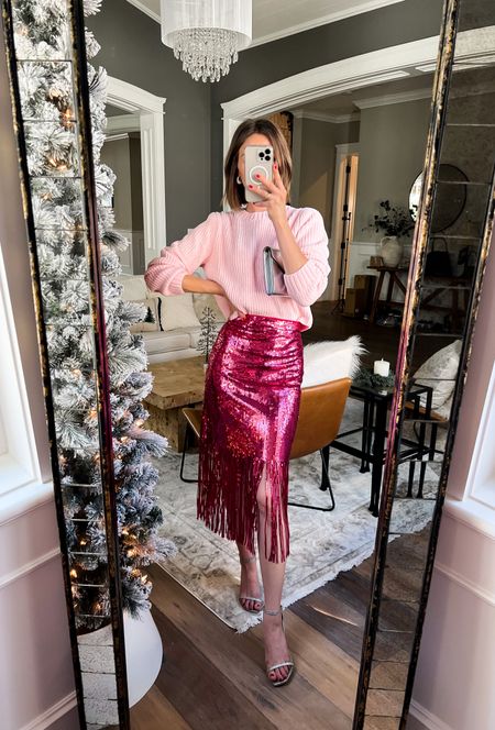 Holiday party outfit // sequin skirt // chenille sweater // soft sweaters // pink sweater // pink skirt // monochromatic // NYE style // NYE outfits 

#LTKSeasonal #LTKunder50 #LTKHoliday