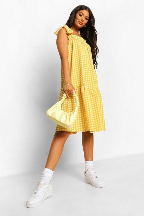 Gingham Tie Detail Strappy Midi Smock Dress | Boohoo.com (US & CA)