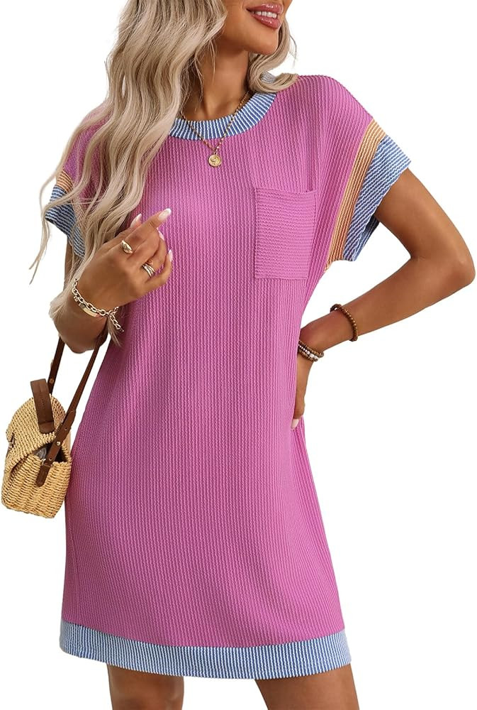 Amilia Women's Crew Neck Color Block Short Sleeve Casual Basic Loose Summer Tunic Mini Dresses | Amazon (US)