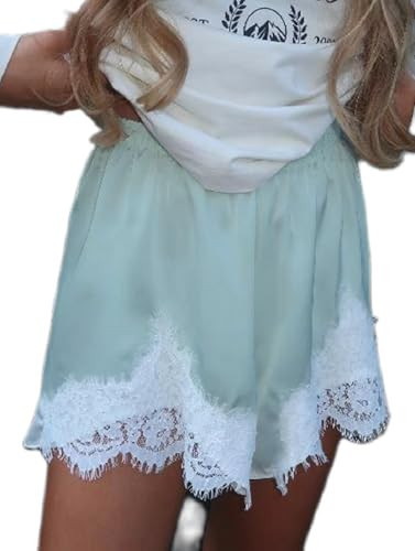 Women Silk Lace Shorts Satin Elastic Waist Lace Trim Mini Shorts Silk Patchwork Lounge Pettipants Slip Bottoms (Sky Blue,L) | Amazon (US)