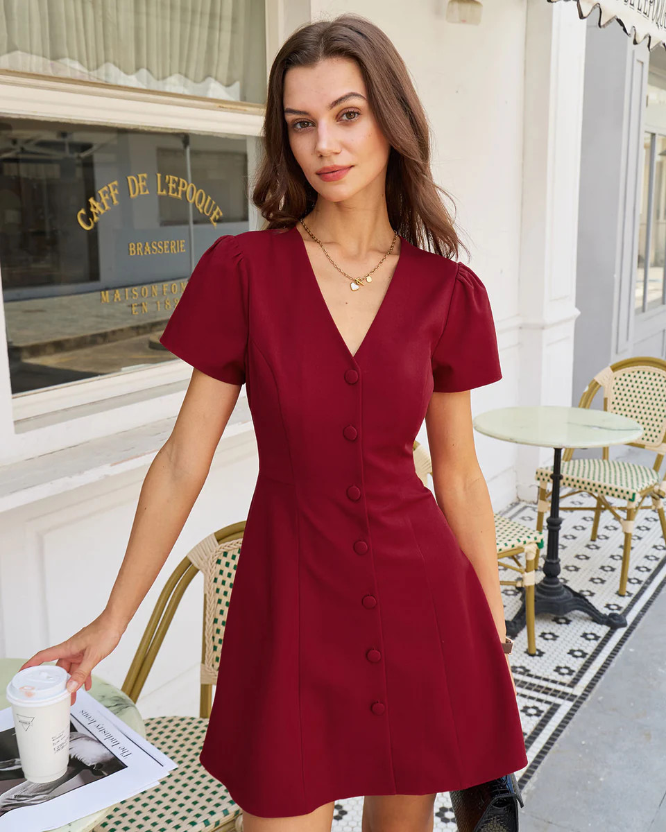 Red Button A-Line Mini Dress | rihoas.com