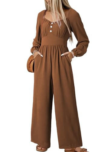 Dokotoo Jumpsuit for Womens Dressy Chocolate Brown Fall Clothes Long Sleeve 2025 Elastic Waisted One Piece V Neck Pockets Fashion Outfits,Chestnut XX-Large | Amazon (US)