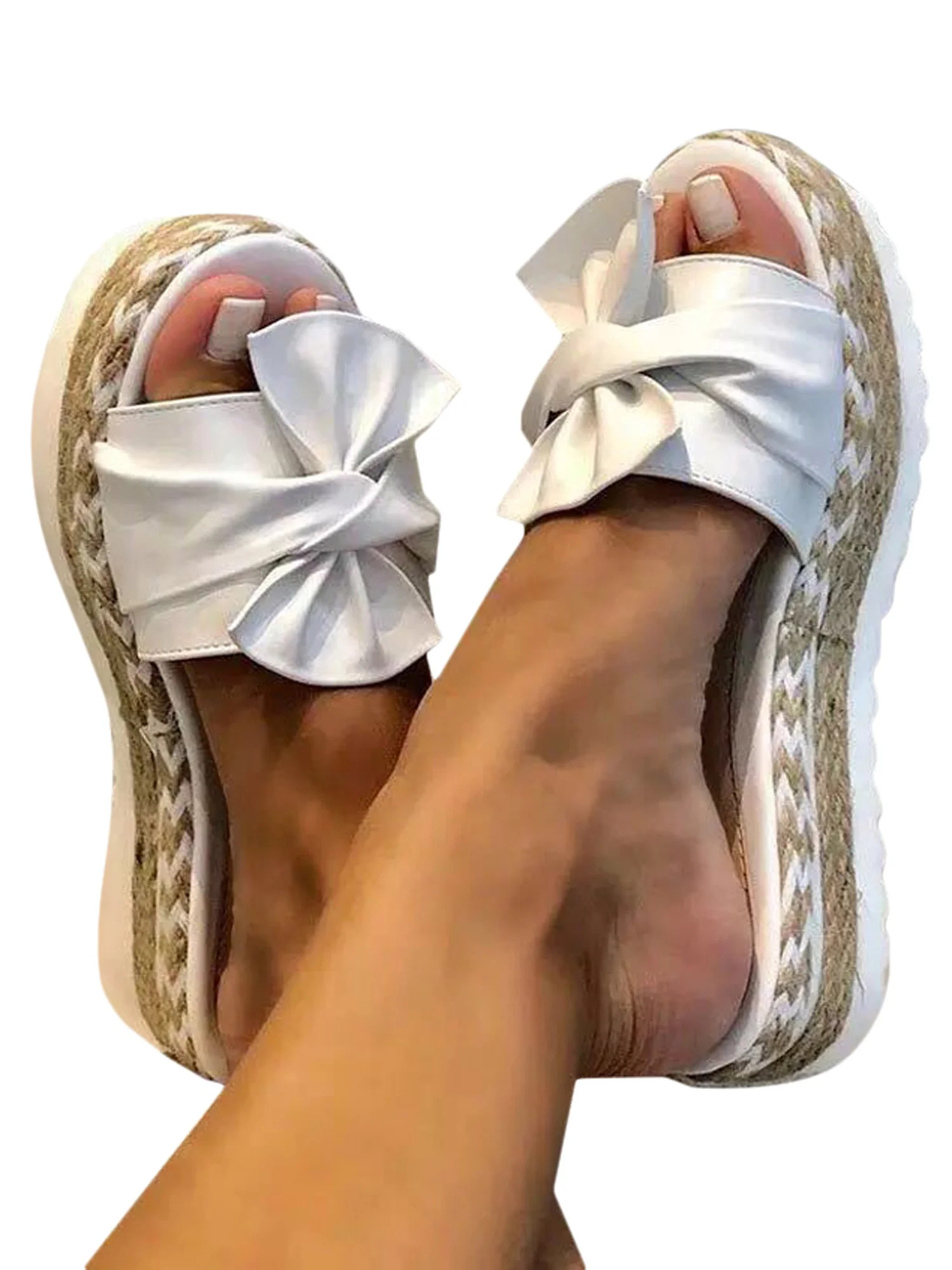 Womens Summer Flatform Espadrille Slip On Peep Toe Bowknot Comfort Shoes Sandals | Walmart (US)