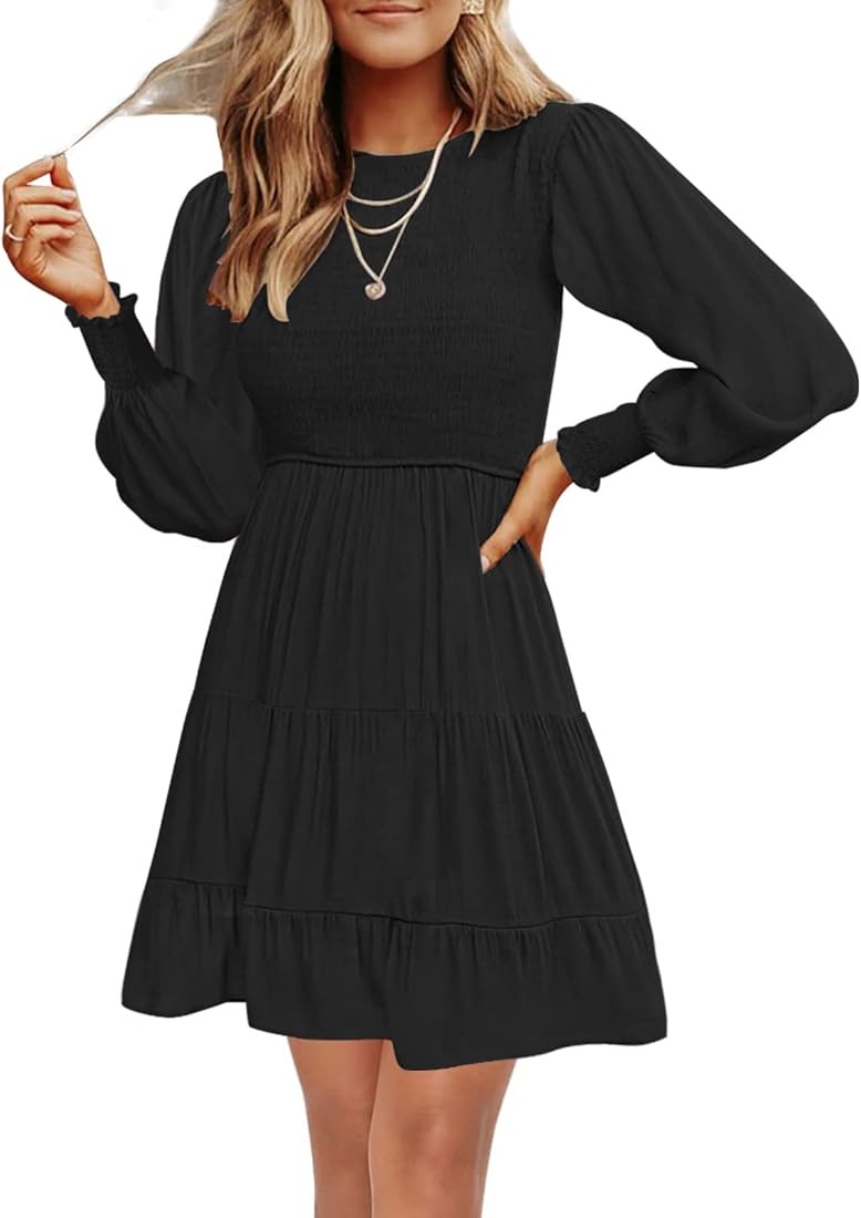 Women's 2023 Casual Long Sleeve Smocked Crew Neck Elastic Waist Flowy Tiered Mini Dress | Amazon (US)