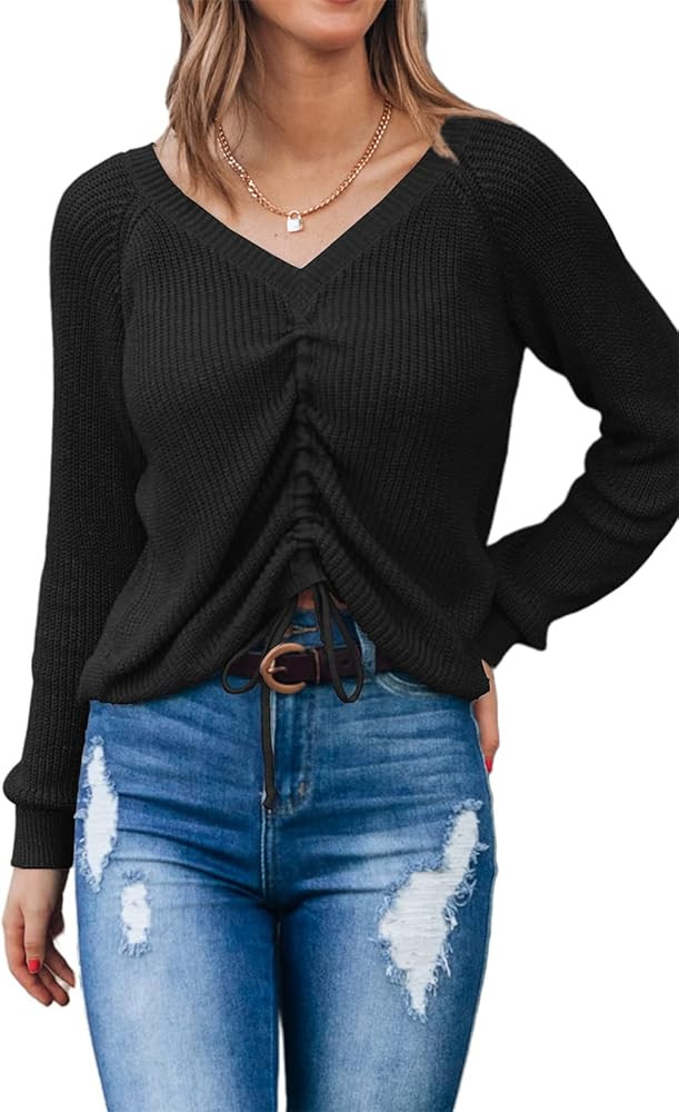 PRETTYGARDEN Womens Long Sleeve V Neck Sweaters Drawstring Front Ruched Knit Sweater Casual Loose Pu | Amazon (US)