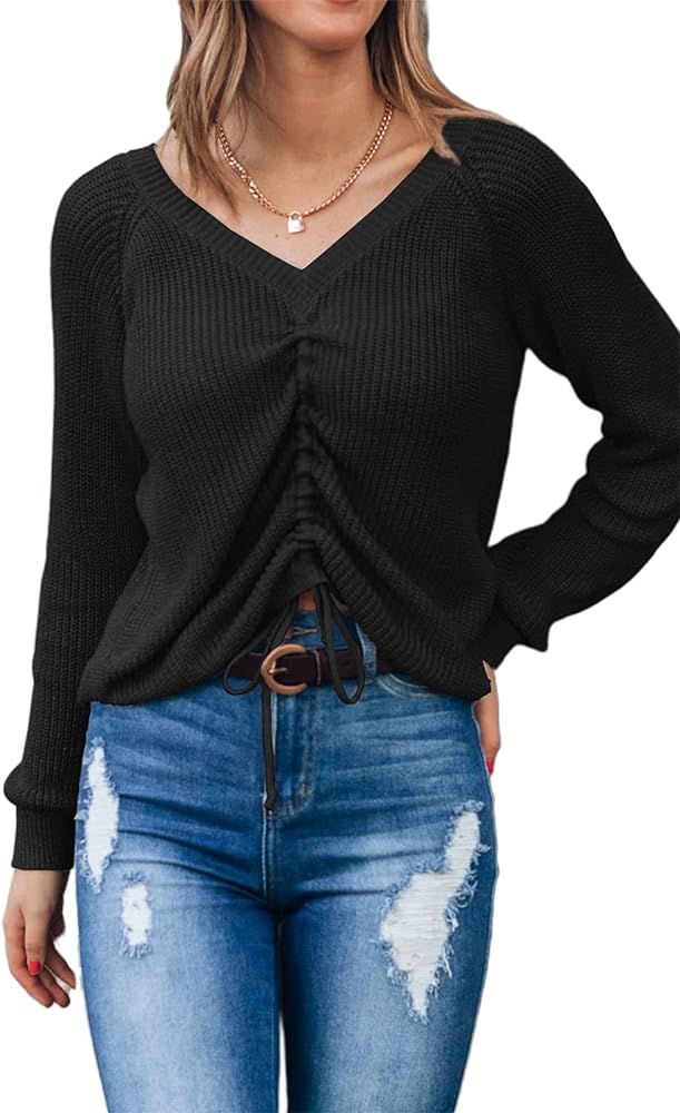 PRETTYGARDEN Womens Long Sleeve V Neck Sweaters Drawstring Front Ruched Knit Sweater Casual Loose Pu | Amazon (US)