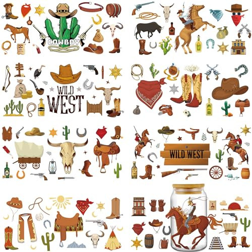 AFRITEE Cowboy UV DTF Cup Wraps - 8 Sheets Wild West Waterproof Rub on DIY UV DTF Transfer Glass Cups Stickers Decals with Hat Boots Horse for 16 OZ Glass Cups Water Bottles Coffee Mugs | Amazon (US)