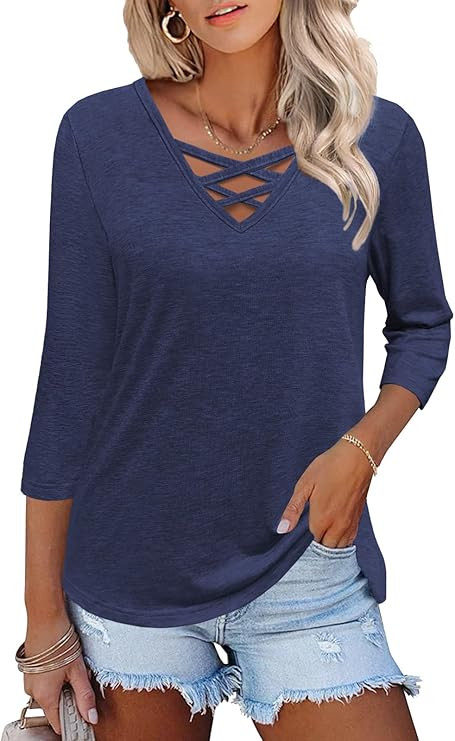Heymiss Womens Tops 3/4 Sleeve V Neck Shirts Loose Casual Tunic Blouses Criss Cross Summer Tshirt... | Amazon (US)