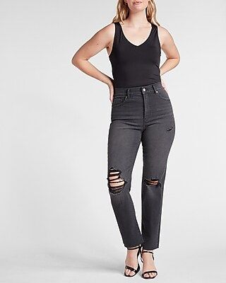 Super High Waisted Black Ripped Modern Straight Jeans | Express