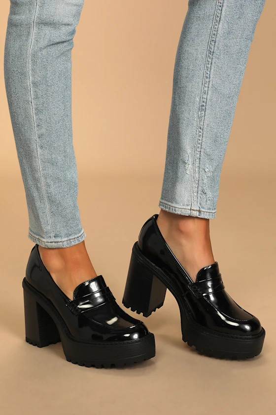 Kassidy Black Patent Platform High Heel Penny Loafers | Lulus (US)