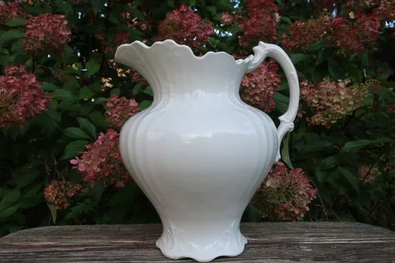 Antique White Ironstone Pitcher Ornate Design Farmhouse Style Pottery Vase | Etsy (US)