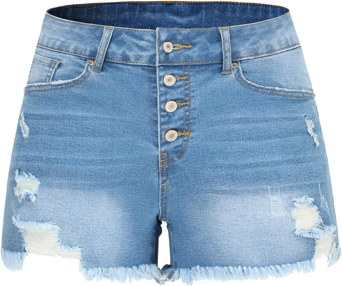 THUNDER STAR Women Mid Rise Ripped Stretchy Jeans Shorts Frayed Raw Hem Casual Denim Shorts | Amazon (US)