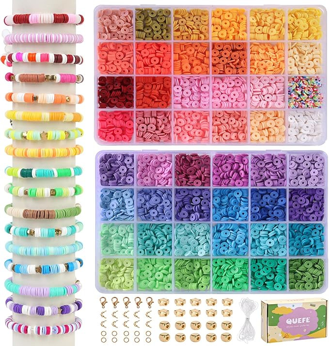 QUEFE 12000pcs Clay Beads for Bracelet Making Kit 48 Colors Friendship Bracelet Kit Flat Round Po... | Amazon (US)