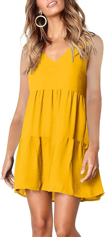 Amoretu Women Summer Tunic Dress V Neck Casual Loose Flowy Swing Shift Dresses | Amazon (US)