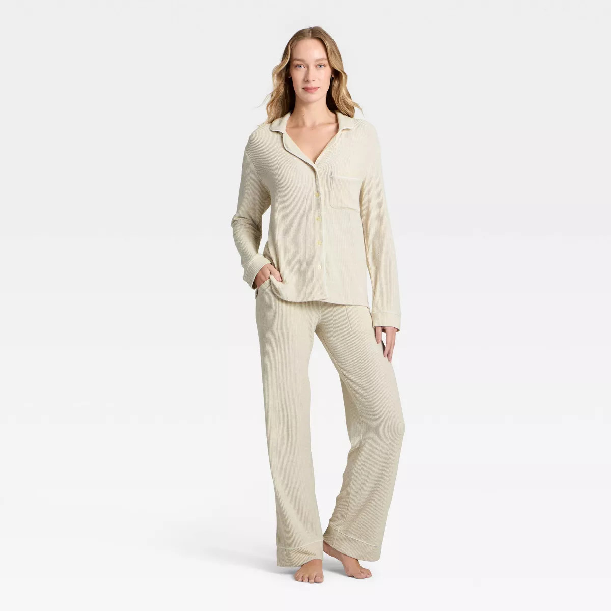 Women's Cozy Ribbed Notch Collar Long Sleeve Shirt and Pants Pajama Set - Auden™ Brown M | Target