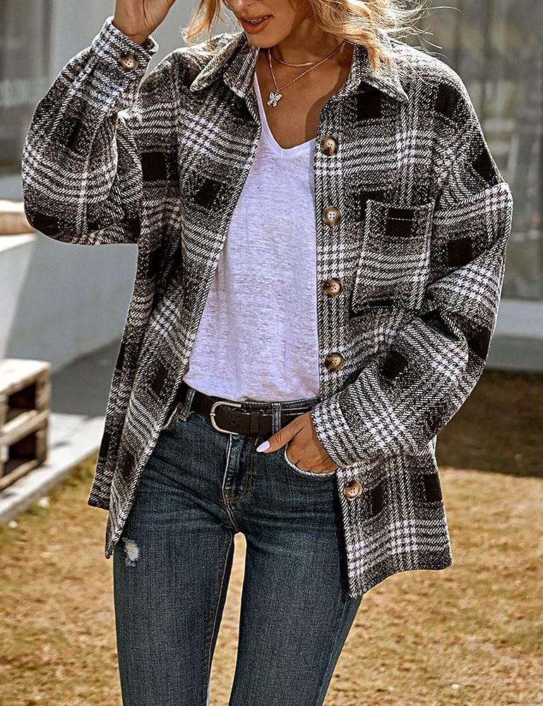 UANEO Womens Casual Plaid Button Down Long Sleeve Wool Blend Shirt Jacket Shackets | Amazon (US)