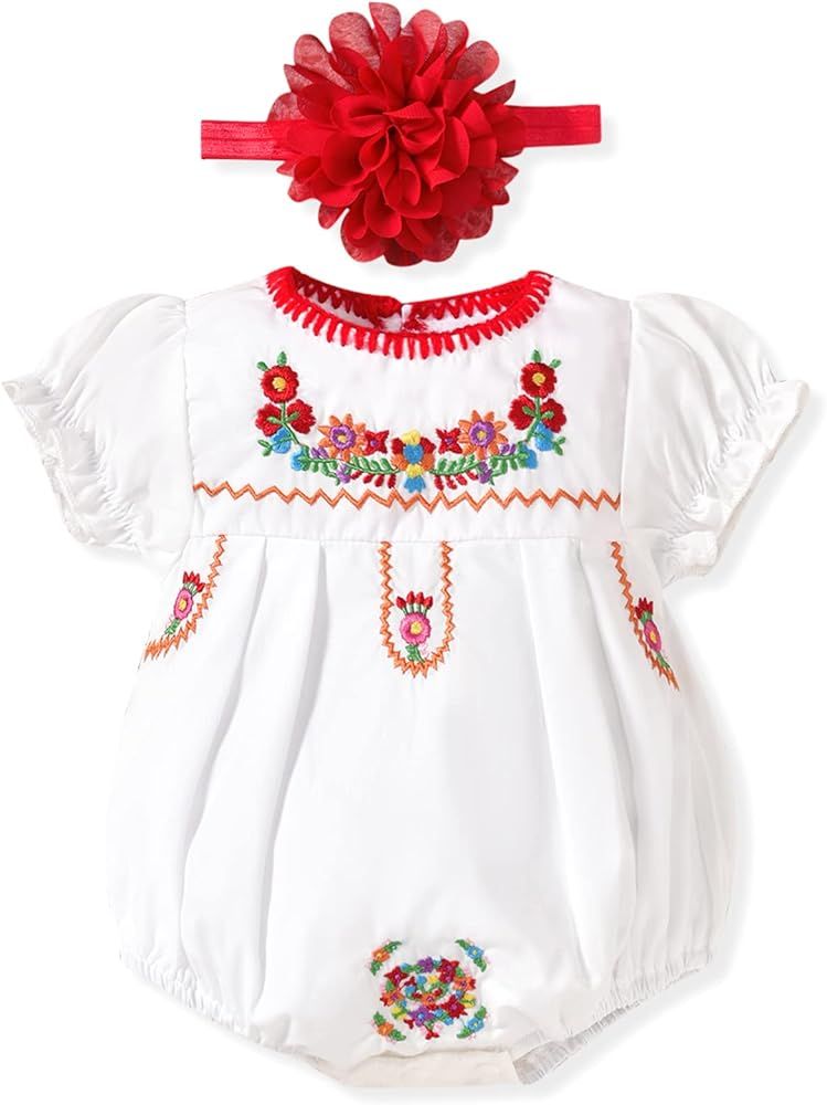 HINTINA Newborn Baby Girl Mexican Ethnic Embroidery Floral Bodysuit With Headband | Amazon (US)