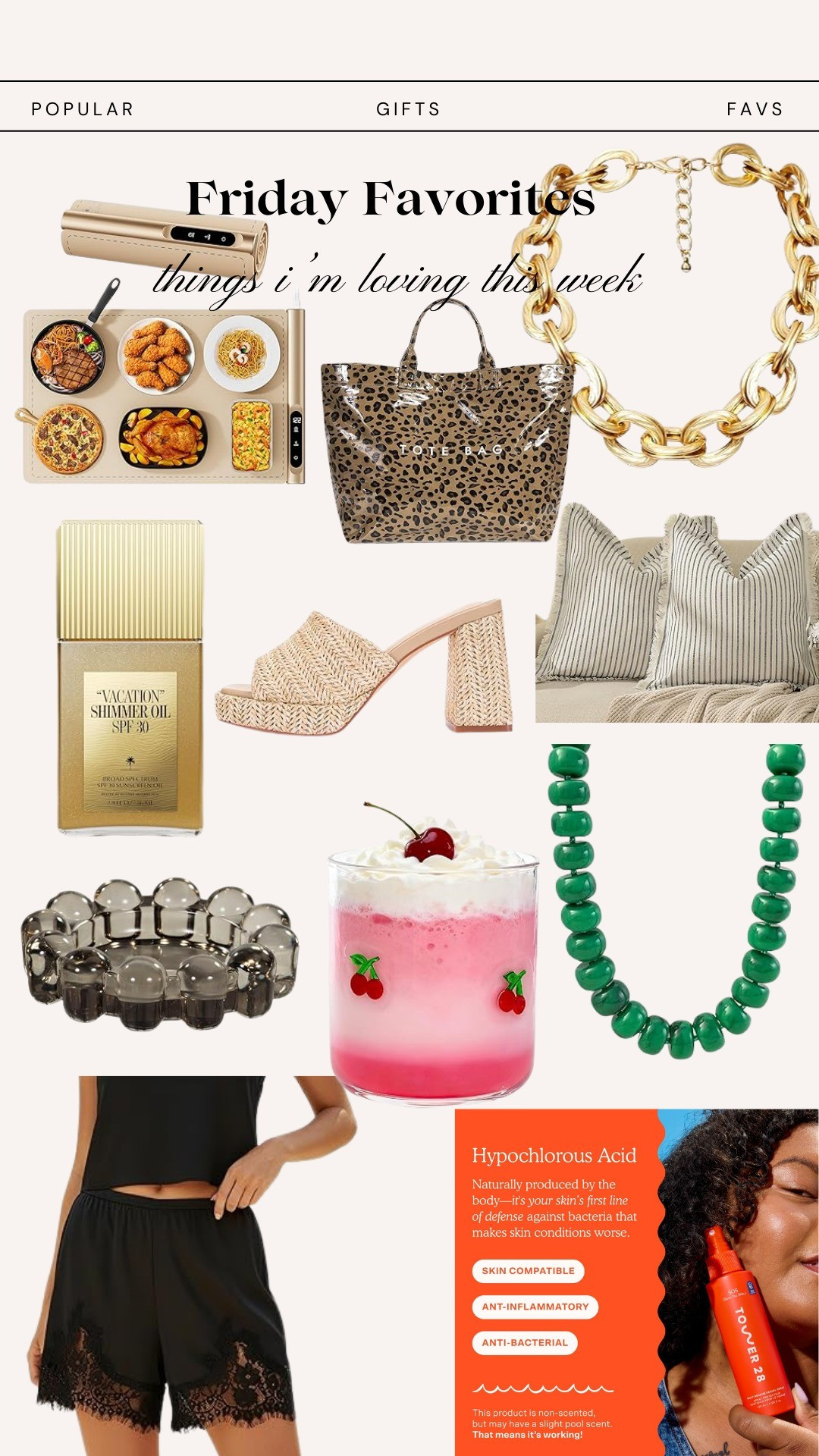 Friday FavoritesSpring shoes, necklace, jewelry, chunky chain accessories, shimmer pil, beach vibes, beach vacation, home decor, pillows, totes, beach totes, beach bags, green hues, warming g mat, entertaining, lace shorts, trending, viral, style tips, fashion tips, fashion trends, face spray, skin savers, beauty finds, antibacterial, spring looks, spring 2026. Holidays, seasonal, pool, spring break, 

#LTKSwim #LTKHome #LTKSeasonal