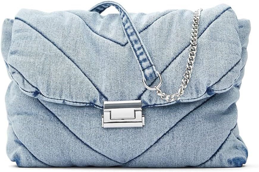 Indigo Oversized Quilted Shoulder Bag Washed Denim Crossbody Trendy Bag for Women | Amazon (US)