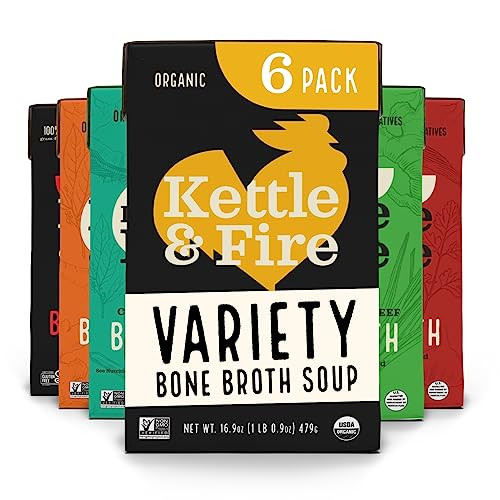 Bone Broth Variety Pack by Kettle and Fire, Pack of 6, Beef, Chicken, Chipotle Beef, Lemongrass Ginger Beef, Coconut Curry & Lime Chicken, and Turmeric Ginger Chicken Bone Broths, Protein | Amazon (US)