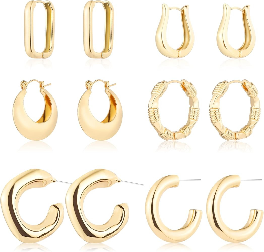 6 Pairs 14K Gold Plated Hoop Earrings for Women Lightweight Chunky Hoop Earrings Multipack Hypoal... | Amazon (US)