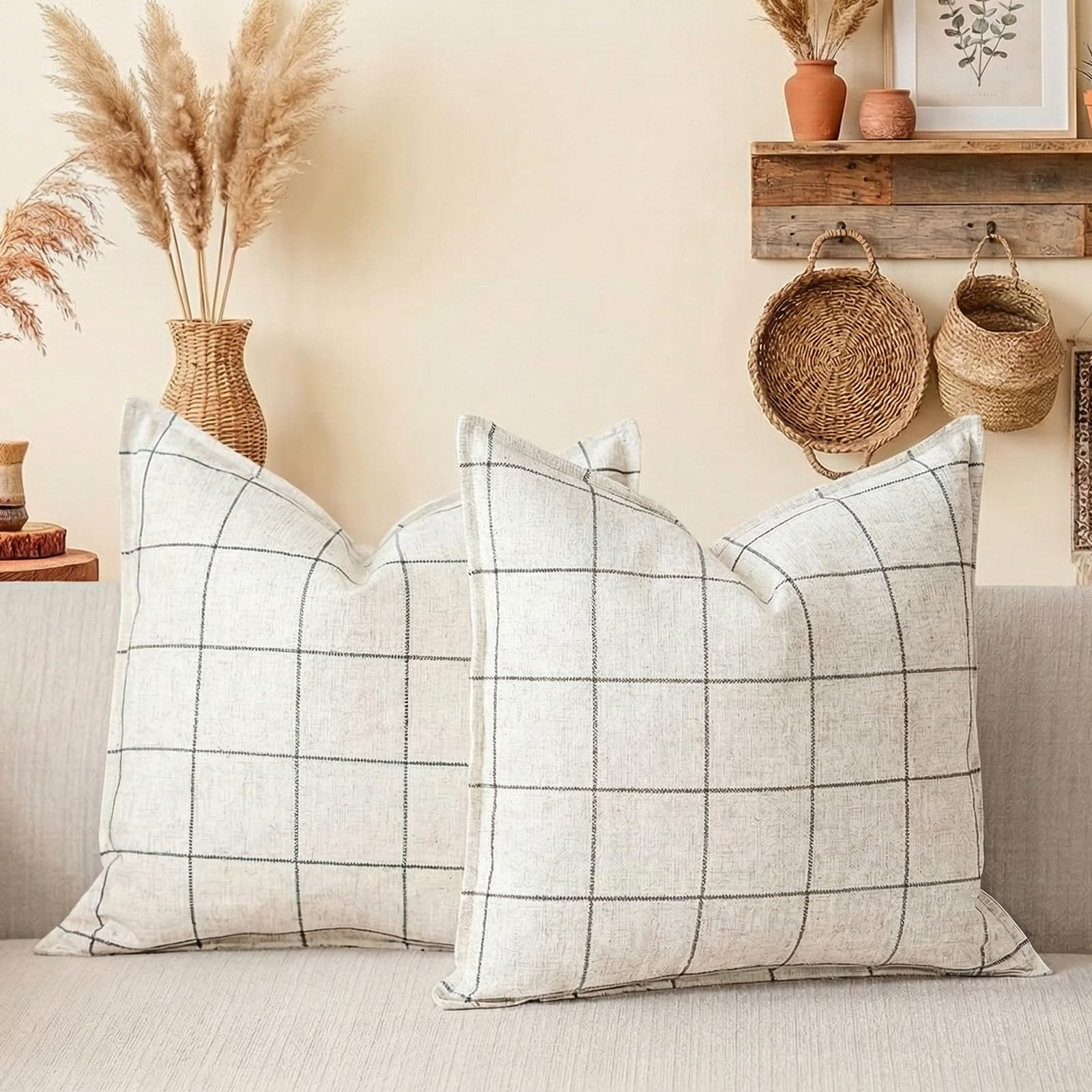 CARRIE HOME White Plaid Throw Pillow Covers 22x22 Set of 2, Couch Decorative Linen Farmhouse 22 x... | Amazon (US)