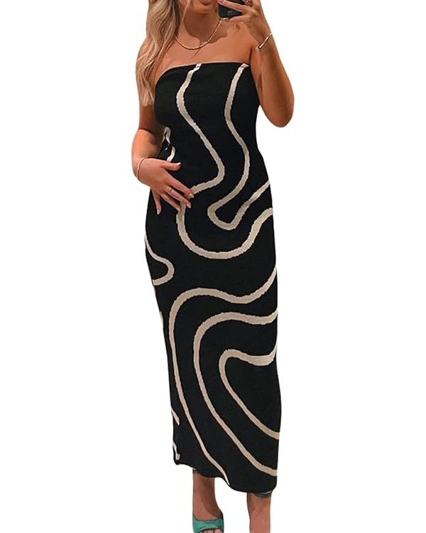 Women Strapless Knitted Maxi Dress Sexy Twisted Front Sleeveless Long Tube Dress Backless Bodycon... | Amazon (US)