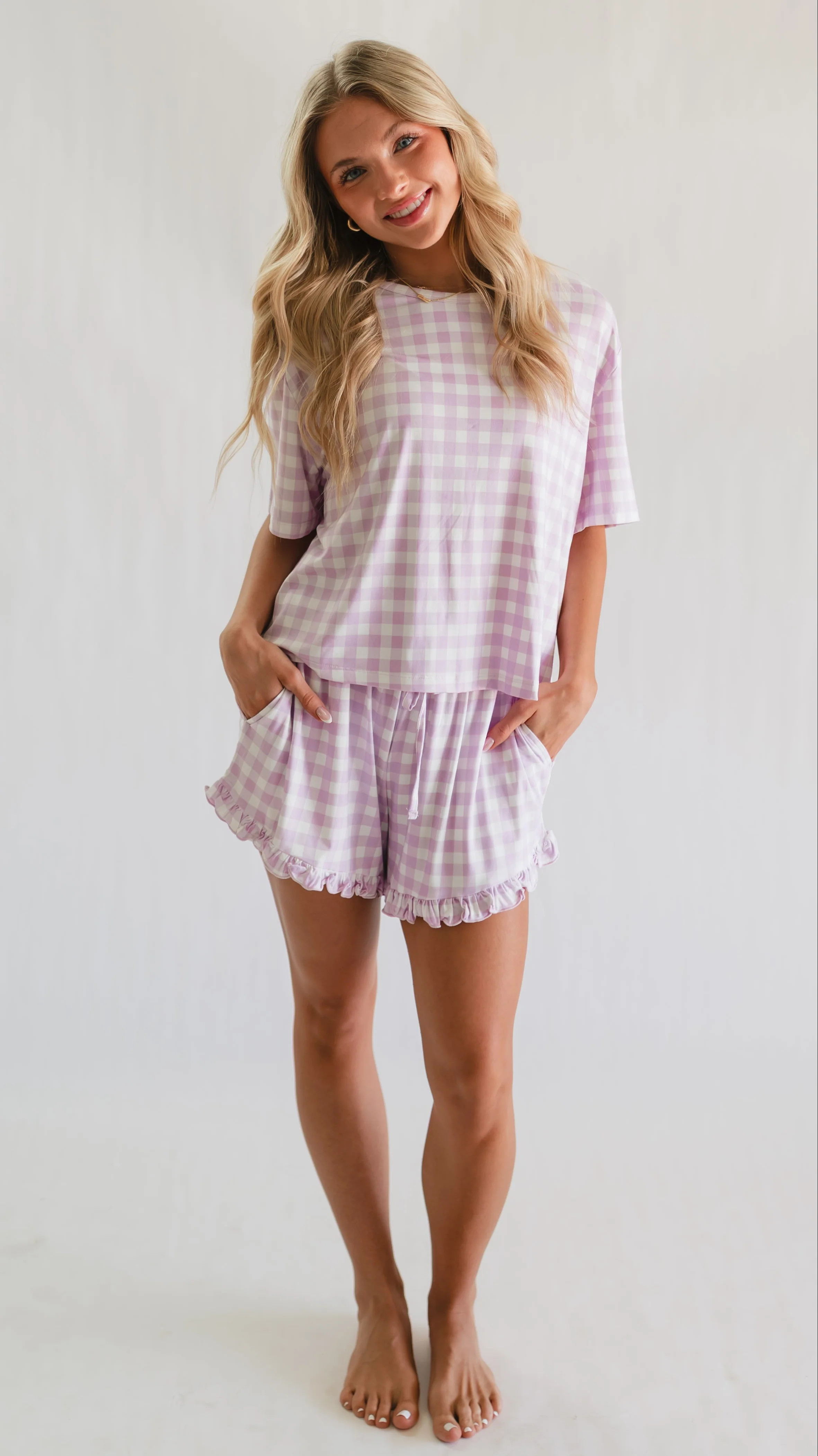 Women's Ruffle Short Set in Purple Gingham | Silks Design