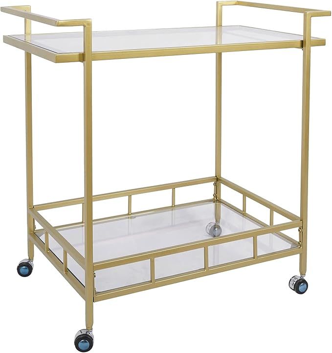 Gold Rolling Wine Bar Cart 2 Tiered Glass Shelves with Lockable Casters for Home Kitchen Club,, 3... | Amazon (US)