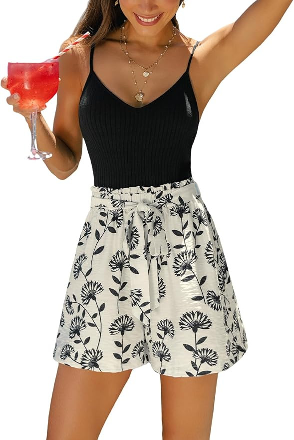 CUPSHE Women’s Romper Floral Ribbed Knit Cami Top Waist Short Tie Belt Summer Beach Rompers | Amazon (US)