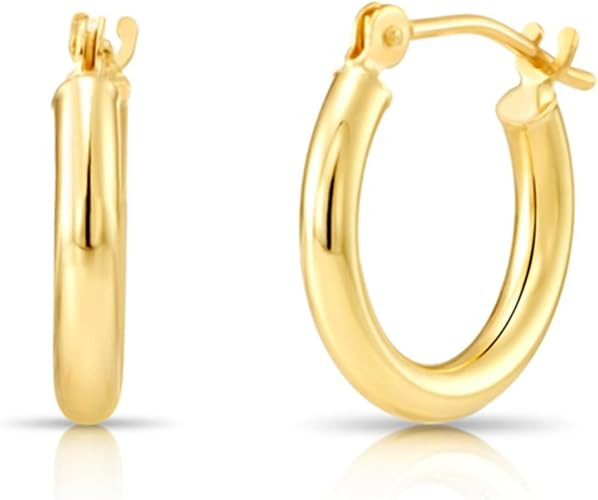 10K Yellow Gold Classic Shiny Polished Hoop Earrings, Plain Round Gold Hoops, Gold Earrings for W... | Amazon (US)