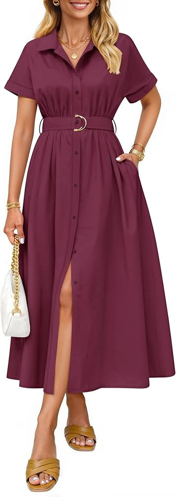 ZESICA Women's Summer Button Down Midi Dress 2026 Short Sleeve A Line Belt Buiness Casual Shirt D... | Amazon (US)