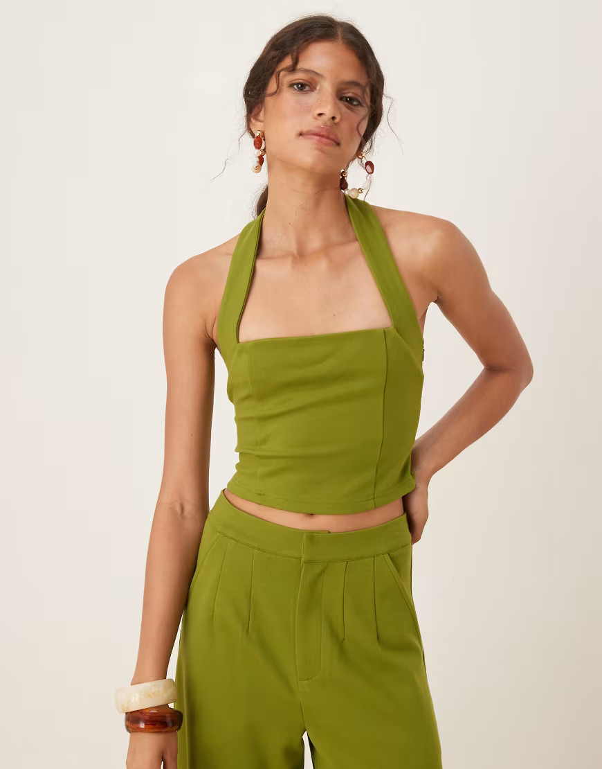 ASOS DESIGN premium ponte halter neck top in olive green | ASOS (Global)